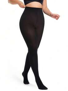 Medias opacas de nailon de talla grande 30D para mujeres - 1 par de pantimedias de talla grande con cintura alta y control de abdomen, unicolor suave - Multicolor - Ver 5