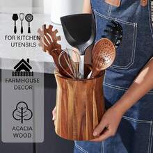 Portautensili in legno girevole a 360°, contenitore in legno di acacia grande da 7,25 x 6 pollici, decorazione da cucina in stile fattoria - Multicolore - Visualizzare 4