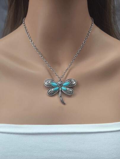 1 chiếc mặt dây chuyền hình chuồn chuồn kiểu Bohemian đính đá giả ngọc lam, phụ kiện trang sức dự tiệc dành cho nữ.