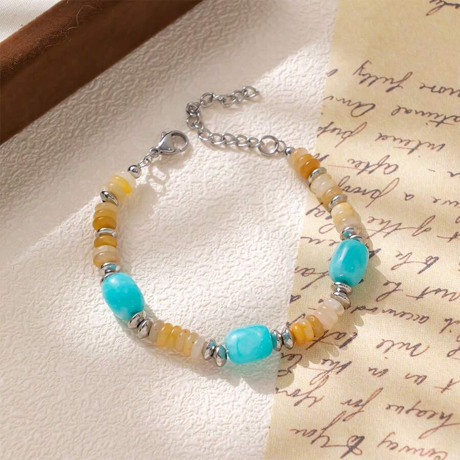 1 pieza Collar con cuentas de ágata azul de moda + cuentas espaciadoras de ágata, collar con cuentas de concha en capas, collar gargantilla delicado y de diseño único para mujeres - pulsera - Ver 1