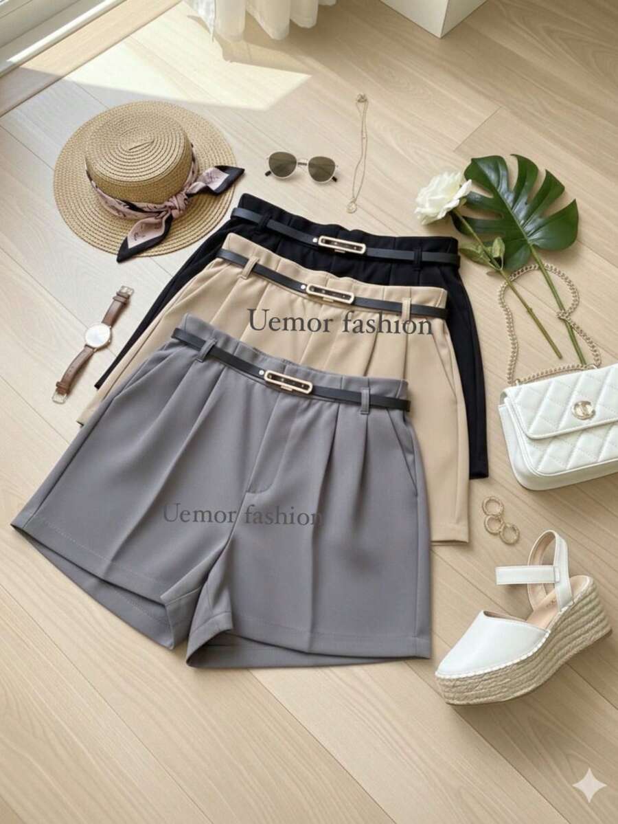 Set Of 3 Women's Casual Tailored Shorts With Belt - Summer 2026 - Pockets, Zipper Closure, And Belt - Màu be/xám và đen - Xem 1