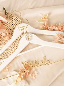 2pcs Personalized Wooden Wedding Dress Hangers, Bride & Groom Engraved Garment Rack, Diamond Wedding Ceremony Photo Prop - White - View 8