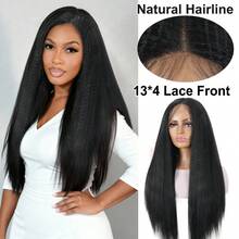 Yaki Kinky Straight 13X4 Lace Front Synthetic Wig,Black Color, Pre-Plucked, With Baby Hair, Bleached Knots, Suitable For Cosplay, Daily Wear, Party, Heat Resistant Fiber Material. - Multicolor - View 9