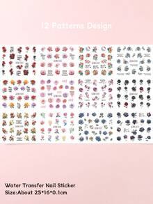 1张12款彩色玫瑰花瓣美甲贴纸，花束植物水转印美甲贴花，春夏水印美甲装饰，婚礼美甲用品，适合女性及节日礼物 - 彩色 - 查看 7