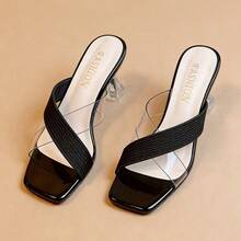 Sandalias de tacón alto para mujeres Sandalias transparentes de tacón alto con tiras cruzadas para mujer Novedad de verano Sandalias romanas de tacón fino y punta cuadrada con puntera abierta para mujer - Negro - Ver 3