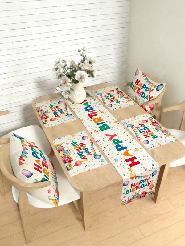 1/4/5/6/7件套生日派对装饰套装，生日，生日快乐，生日派对，家居装饰套装，客厅装饰套装，卧室装饰套装，餐厅装饰套装，亚麻质感材质，多种尺寸可选，餐厅装饰，餐桌装饰，餐桌摆设，桌布，壁炉装饰巾，餐垫，杯垫，家居装饰