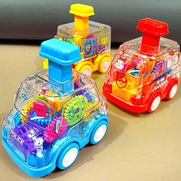 1 pieza Coche de juguete con engranajes transparentes y de dibujos animados para niños - Modelo educativo con retroceso aleatorio de colores de engranajes, acción manual de empuje, para niños y niñas, regalo de Navidad, Halloween, Acción de Gracias y cumpleaños, juguete a fricción (Los colores de los accesorios interiores del automóvil son aleatorios).