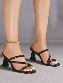 女士黑色高跟凉鞋，露趾性感派对时尚简约舒适高跟鞋，不对称鞋跟套穿设计，拉长显瘦 - 黑色 - 查看 2