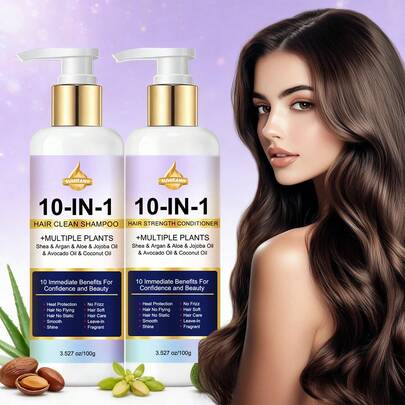 SUMIFANG Set de cuidado del cabello 10-en-1, que contiene manteca de karité, aceite de coco y varios extractos vegetales, que nutre profundamente, limpia suavemente, fortalece el cabello, aporta nutrición, repara el cabello dañado, mantiene el equilibrio de humedad del cuero cabelludo y el cabello, reduce la rotura y el encrespamiento, 100ml + 100ml