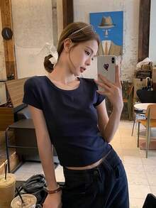 蝴蝶结肩带常规肩部短袖T恤，镂空性感修身露脐女式上衣，夏季 - 藏蓝色 - 查看 2