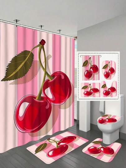 四件套夏季樱桃印花浴室帘套装，包括浴帘、防滑浴垫、马桶盖套、浴室地毯和12个塑料挂钩，浴室装饰，家居装饰