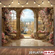 2 pezzi Sfondo banner grande con castello europeo, giardino floreale, finestra ad arco, rose e farfalle - stile francese vintage per matrimonio, festa nazionale e festival della birra - leggero, adatto per feste - 5 - Visualizzare 1