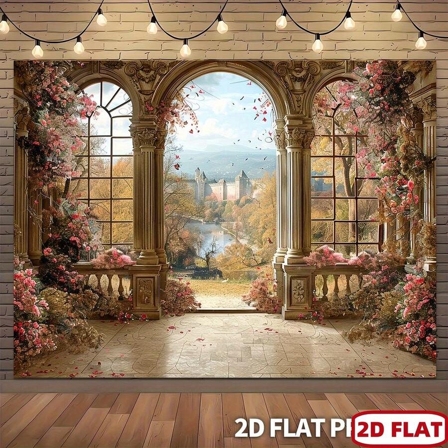 2 pezzi Sfondo banner grande con castello europeo, giardino floreale, finestra ad arco, rose e farfalle - stile francese vintage per matrimonio, festa nazionale e festival della birra - leggero, adatto per feste - 5 - Visualizzare 1