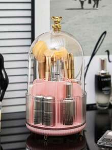 1pc 360° Creative Makeup Brush Holder With Transparent Cover, Rotating Desktop Brush Rack, Tabletop Makeup Brush Organizer, Cosmetic Storage Box With Compartments - Multicolor - View 4