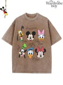 Disney Printed Wash Water T-Shirt,Disney Mickey And Friends Signature Pattern Print T-Shirt,Unisex,High-Quality Pure Cotton T-Shirt,Suitable For All Seasons, Comfortable And Breathable| Exquisite Design | The Best Choice For Giving Gifts - Màu Khaki - Xem 2