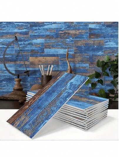 16/32/64片复古蓝色木纹瓷砖贴纸，复古可移除3D哑光加厚EVA泡沫墙贴，自粘墙纸厨房装饰贴花，防水面板，4*8英寸