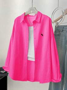 Women's Solid Color Minimalist Casual Long Sleeve Shirt Spring - Hot Pink - View 3