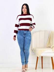 Suéter Feminino Tricô Listrado Gola Alta Trico Blusa De Frio - Vinho - Visão 2