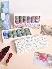 32卷/盒复古花卉油画主题和纸胶带套装，多种尺寸设计装饰胶带，简约田园风光，适用于日记、剪贴簿和文具装饰 - 套裝 - 查看 9