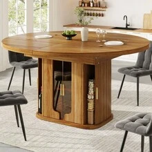 Extendable Dining Table Dining Room Table Kitchen Table Round Dining Table Extends To Oval 118-158 Cm Seats Up To 6 People Dining Table With Glass Doors Walnut - Walnut + MDF1 - View 5