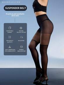 一款女士薄款假大腿打底裤，搭配拼接丝袜。时尚性感的斑马纹连裤袜。优雅百搭。适合日常生活中的各种场合。 - 黑色 - 查看 1