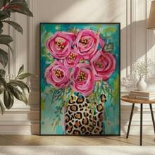 1 pieza de obra de arte de rosas rosas con un jarrón de leopardo: un diseño floral vibrante y colorido, perfecto para decoración con efecto dopamina. Esta pintura sobre lienzo sirve como decoración para el hogar y viene - negro - Ver 1