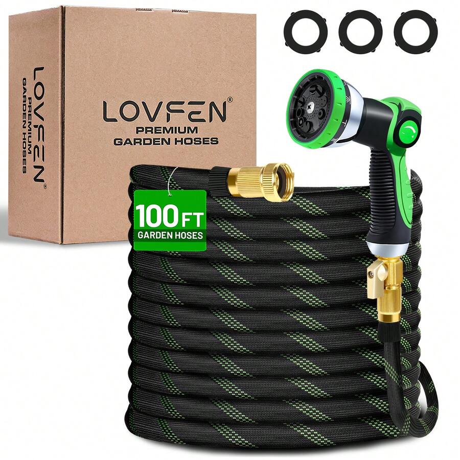 LOVFEN 25/50/75/100FT Braided Garden Hose Set With 10-Function Adjustable Spray Nozzle, Lightweight Flexible Water Hose For Outdoor Garden Irrigation, Patio & Car Cleaning. - Màu xanh lá - Xem 1