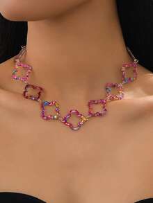 色彩鲜艳的镂空花朵项链，女士夏季珠宝礼物 - 玫紅色 - 查看 1