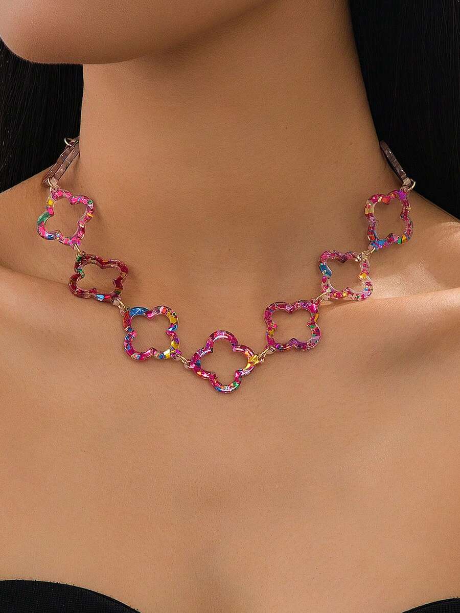 色彩鲜艳的镂空花朵项链，女士夏季珠宝礼物 - 玫紅色 - 查看 1