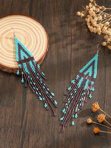 1对女士时尚流苏耳环，波西米亚复古长几何图案串珠流苏设计，手工编织耳环，适合日常佩戴、度假、送礼、情侣礼物 - 彩色 - 查看 2