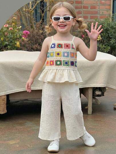 2pcs/Set Baby Girls' Summer New Bohemian Style Colorful Strap Patchwork Camisole Top + Solid Color Chiffon Straight Leg Pants Outfit
