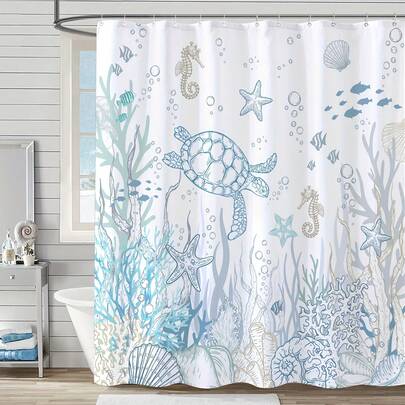 1pc Nautical Coastal Sea Turtle Shower Curtain, Coral Starfish Shell Ocean Theme Bathroom Window Curtain, Underwater Seahorse Shower Curtain, Bathroom Decor With 12 Hooks, Bathroom Accessories