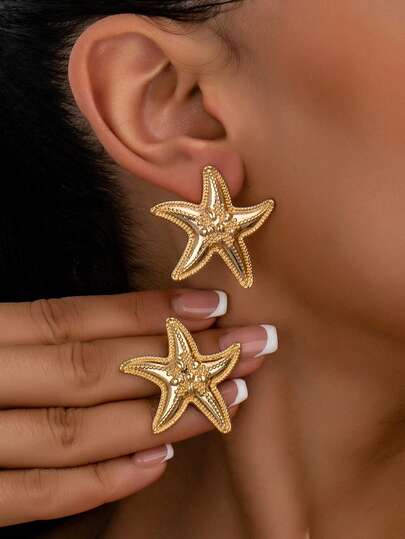 1 par överdrivna örhängen i guldmetall med sjöstjärnor, europeisk och amerikansk stil, smycken med havstema för sommarstrandsemester, lämpliga för vardagsbruk, semester och fest
