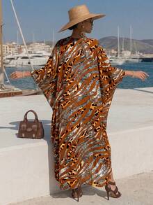 Vestido de playa de lujo para mujer con estampado romántico, cuello en V profundo, manga de murciélago, corte holgado, elegante para fiestas, vestido de cubierta de traje de baño, primavera/verano 2026 - Multicolor - Ver 4
