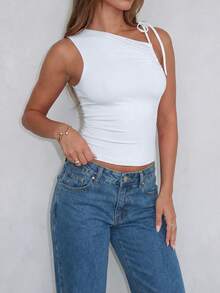 不对称系带纯色弹力舒适短款背心，夏季白色 - 白色 - 查看 5