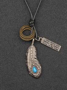 1 pieza Collar colgante de cadena de aleación con pluma minimalista, collar gargantilla de estilo vaquero occidental retro con pluma de turquesa, regalo unisex para parejas - Cuerda de cera - Ver 8