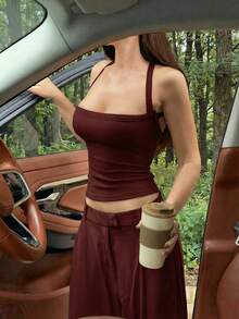 纯色性感露背交叉绑带休闲运动上衣，百搭夏季休闲女装 - 酒紅色 - 查看 5