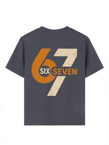 男童“六七”67数字字母印花T恤，适合男孩街头、校园、活动、日常穿着，时尚夏季上衣 - 深灰色 - 查看 5