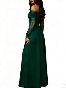 Solid Color Elegant Party Lace Patchwork Off-Shoulder Long Sleeve Zipper Wedding Guest Dress Vacation Spring - Dark Green - View 2
