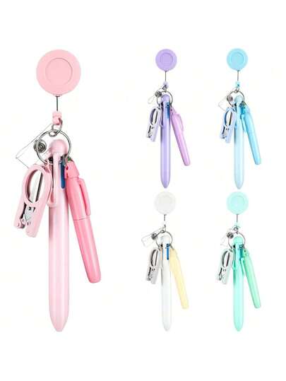 طقم قرطاسية طبية محمولة للأطباء والممرضات، يشمل مقصات قابلة للطي لقص الضمادات، مشبك شارة قابل للسحب، قلم حبر، قلم تحديد، لوازم عودة إلى المدرسة