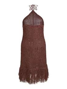 Women's Knitted Halter Neck Tie-Up Solid Color Hollow Out Tassel Backless Short Dress, Casual Elegant Spring/Summer - Coffee Brown - View 3