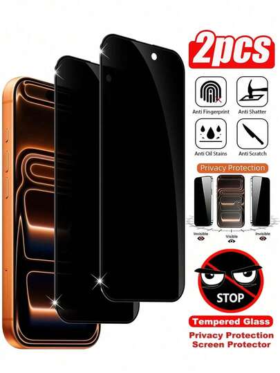 2 piezas Protector de pantalla de vidrio templado anti-espía, compatible con iPhone 17/17 Pro/17 Air/17 Pro Max/16e//16/16 Pro/16 Pro Max/15/14/13/12/11 Pro Max/XR/X/XS Max/ Resistente a arañazos, anti-caída, resistente al agua, protección de pantalla anti-huellas esenciales, aplicable a protección diaria, oficina, hogar Protector de pantalla de teléfono Accesorios de teléfono Protector de pantalla de privacidad a prueba de golpes Resistente a arañazos