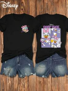 Disney Daisy Duck Print, Front And Back Prints, Soft And Elastic Casual Short Sleeved Top, Fashionable Short Sleeved Round Neck T-Shirt, Women's Clothing - màu đen - Xem 6