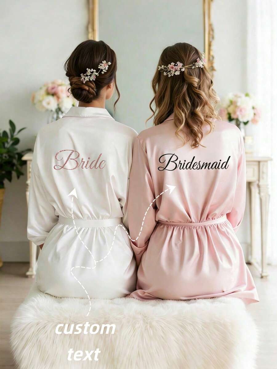 1 pieza Bata de novia de satén personalizada, texto personalizado, bata de boda de novia y dama de honor, bata de satén elegante, bata de novia personalizada, bata de preparación de dama de honor, bata de fiesta de boda, bata con ribete de encaje, bata con nombre personalizado, regalo nupcial, regalo de despedida de soltera, ropa de estar en casa de seda, minimalista, divertida, personalizada, única, ropa de estar en casa de seda a juego para dama de honor, regalo nupcial especial, mejor amiga, novia, de moda para otoño - Multicolor - Ver 1