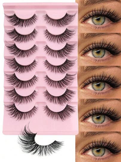 Hinarin 7 Pairs D Curl False Lashes Natural Look Faux Mink Lashes Fluffy Fake Eyelashes 3D Effect Cat Eye Lash Wispy False Eyelashes For Women Makeup