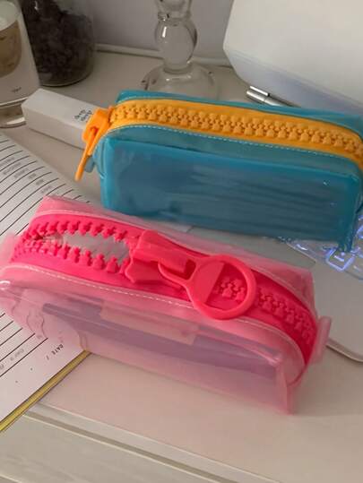 3 Colors Available, Jelly-Like Stationery Organizer! Dopamine Pen Pouch, Minimalist Solid Color Durable Storage Bag, Stands Upright Without Collapsing, Large Capacity Daily Student Supplies Box, Back-To-School Season Gift, Big Zipper Pencil Case