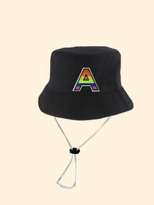 1pc Baby Letter A-Z Design Bucket Hat, Unisex Outdoor Sun Protection Cap, Children Panama Hat Accessory - Black - View 6