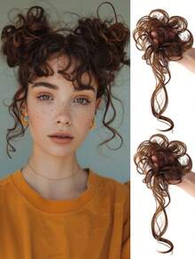 2件套凌乱发髻假发片，蓬松盘发造型，带卷发发髻接发，波浪卷合成凌乱发髻发饰，女士弹力发圈发髻假发片 - 彩色 - 查看 9