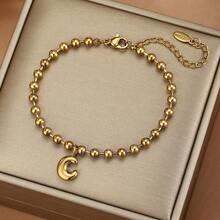 26 piezas Pulsera con dijes de letras iniciales, pulsera de acero inoxidable con cuentas doradas con letras de burbuja, adecuada para uso diario de mujeres, la caja de regalo es solo para fines de fotografía - Dorado - View 35