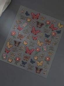 1Pc Luxury Red Black Butterfly Flower Peony Embroidered Auspicious Clouds Realistic Gold Adhesive Nail Art Stickers Manicure Decals - Multicolor - View 5